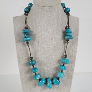 Vintage Faux-Turquoise Natural Stone Native Style Necklace 21 In Silver-Tone